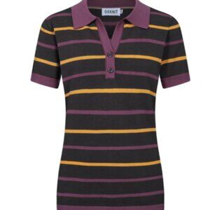 Oxknit Brown Striped Jacquard V-Neck Polo NWT Small